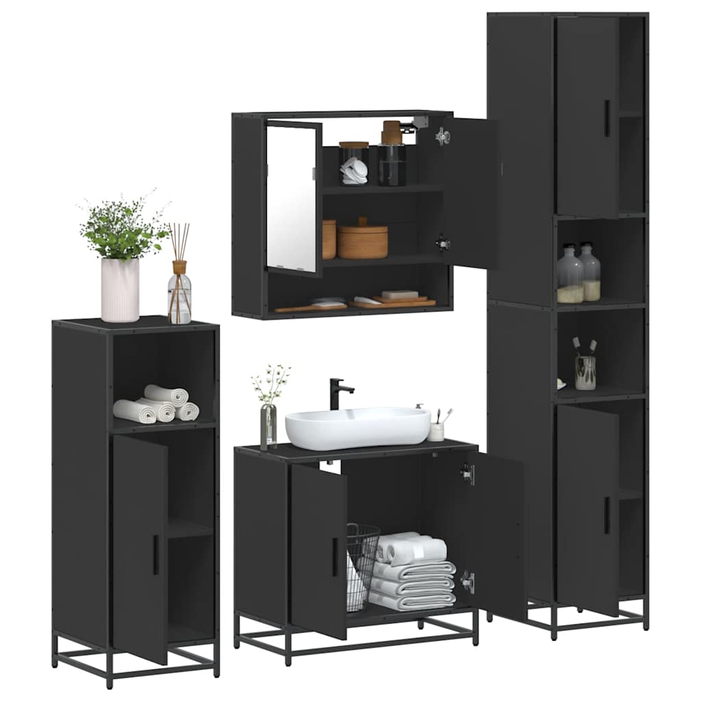 4 Piece Bathroom Furniture Set Black Engineered Wood