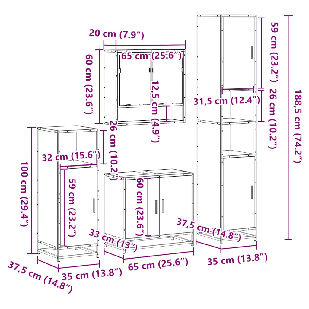 4 Piece Bathroom Furniture Set Smoked Oak Engineered Wood