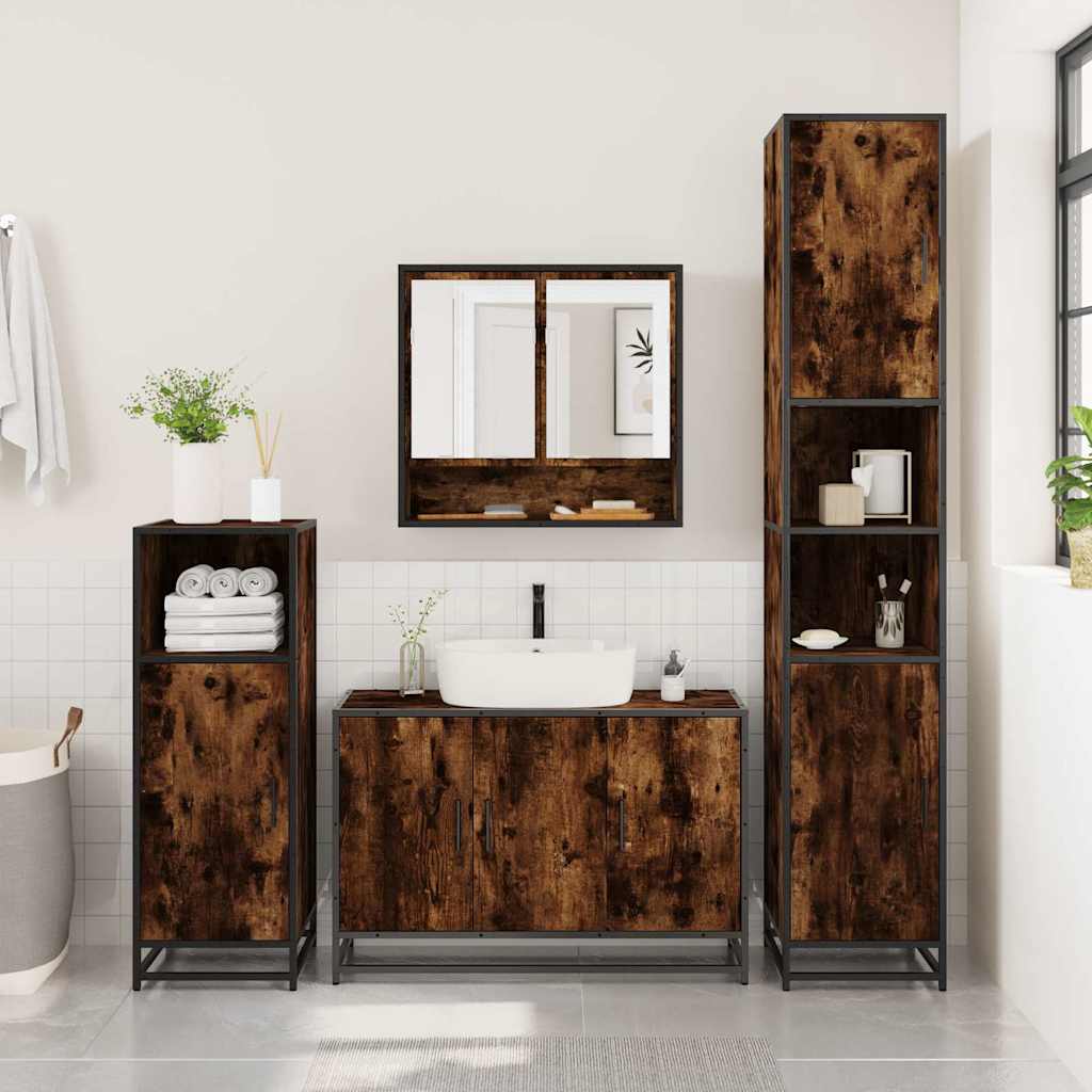 4 Piece Bathroom Furniture Set Smoked Oak Engineered Wood