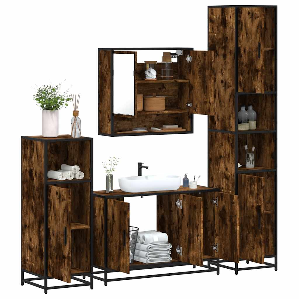 4 Piece Bathroom Furniture Set Smoked Oak Engineered Wood