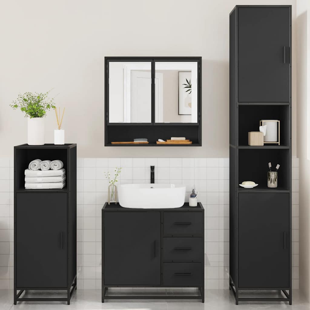 4 Piece Bathroom Furniture Set Black Engineered Wood