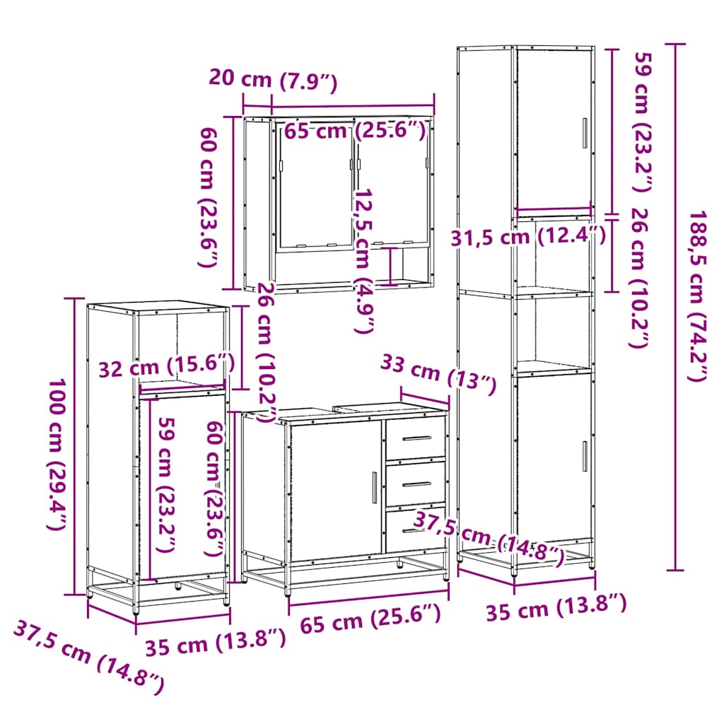 4 Piece Bathroom Furniture Set Black Engineered Wood