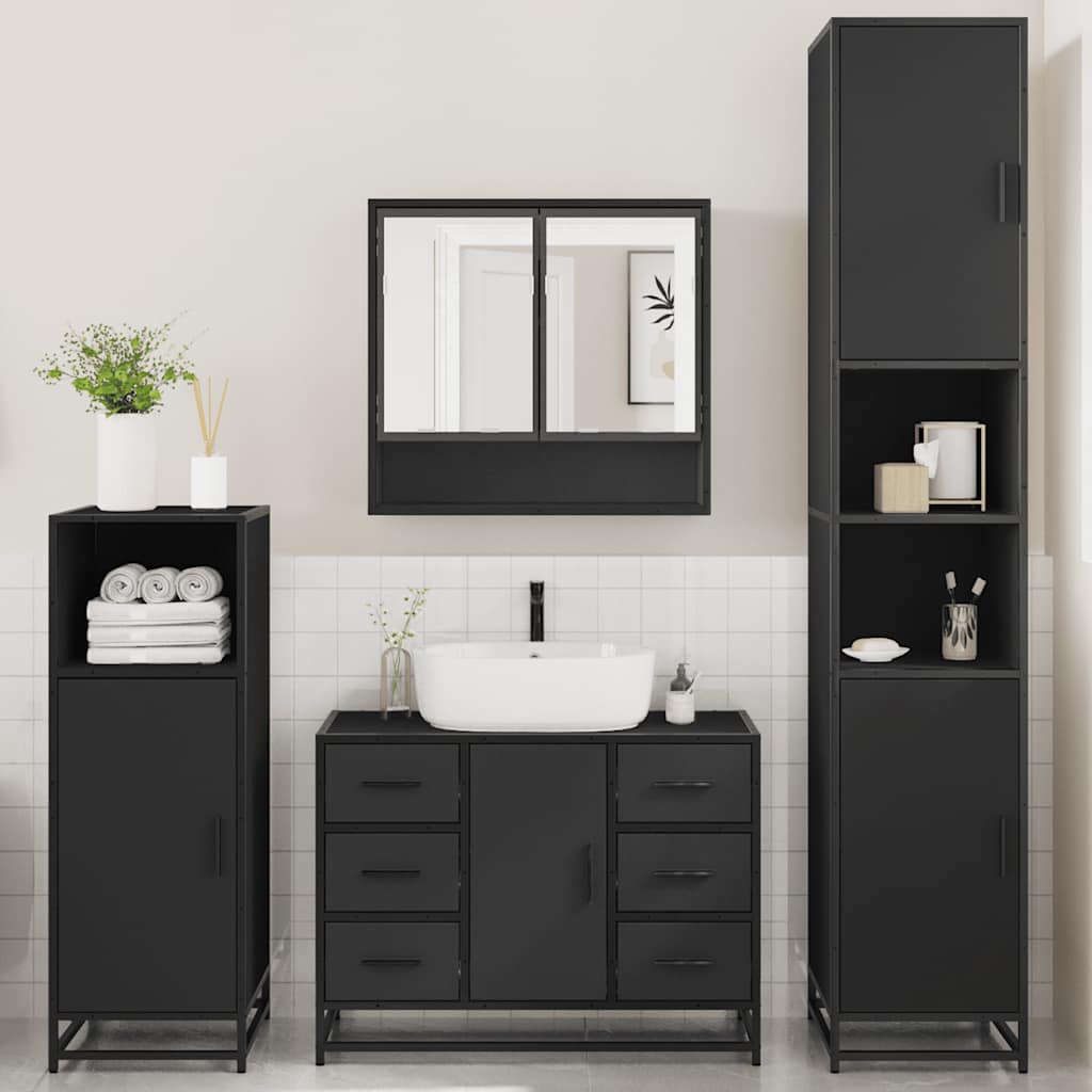 4 Piece Bathroom Furniture Set Black Engineered Wood