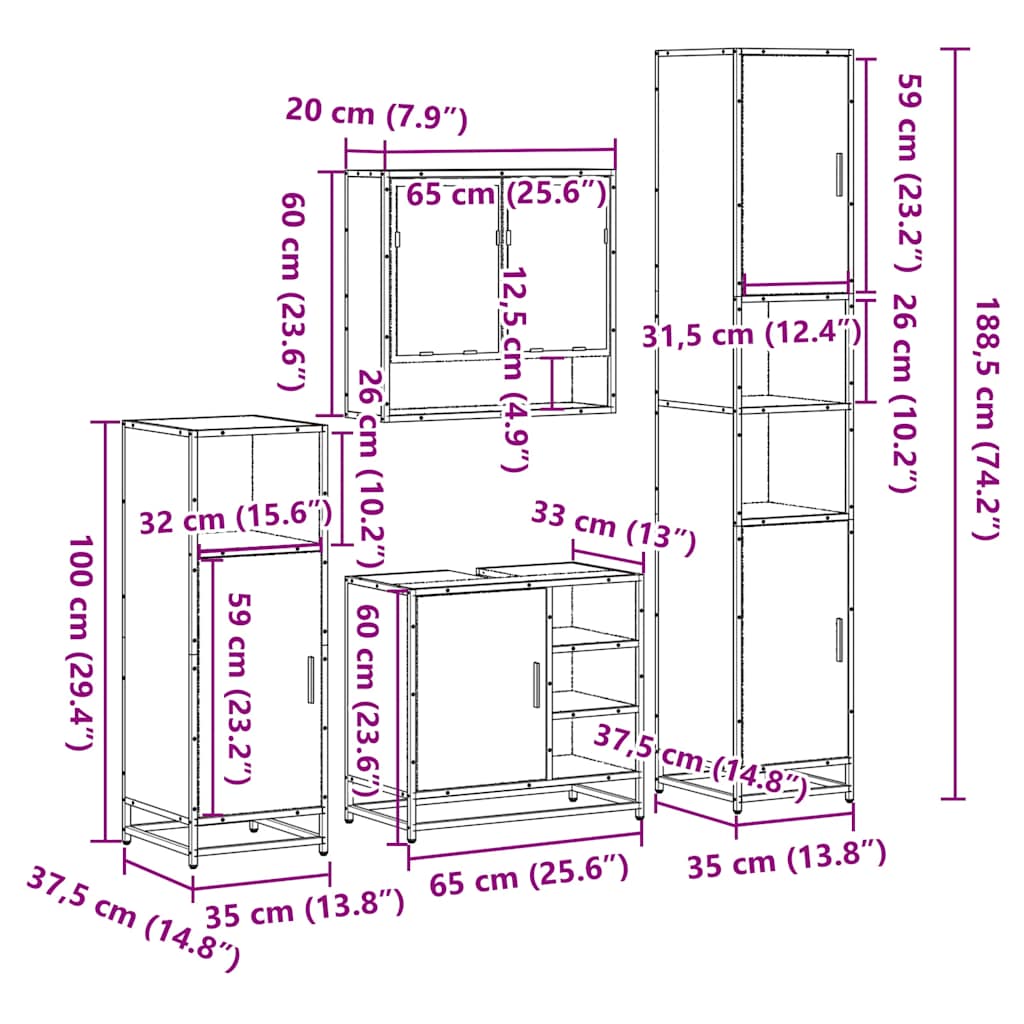 4 Piece Bathroom Furniture Set Black Engineered Wood