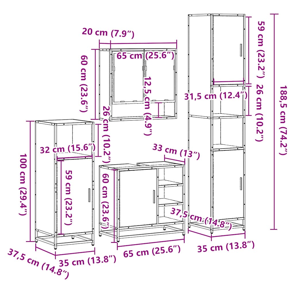 4 Piece Bathroom Furniture Set Smoked Oak Engineered Wood