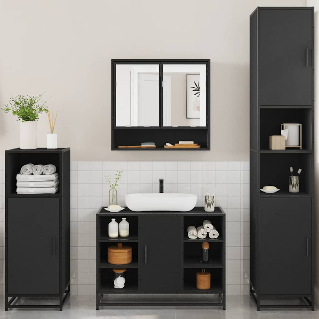 4 Piece Bathroom Furniture Set Black Engineered Wood