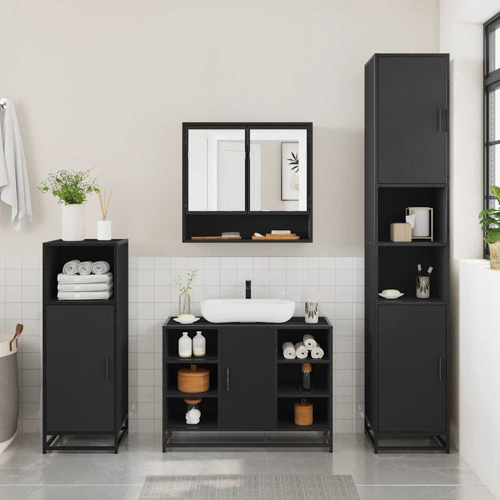 4 Piece Bathroom Furniture Set Black Engineered Wood