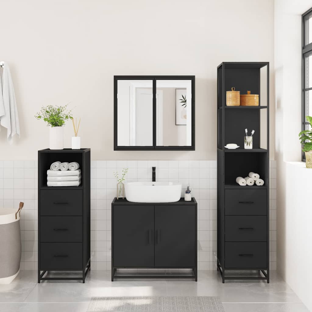 4 Piece Bathroom Furniture Set Black Engineered Wood