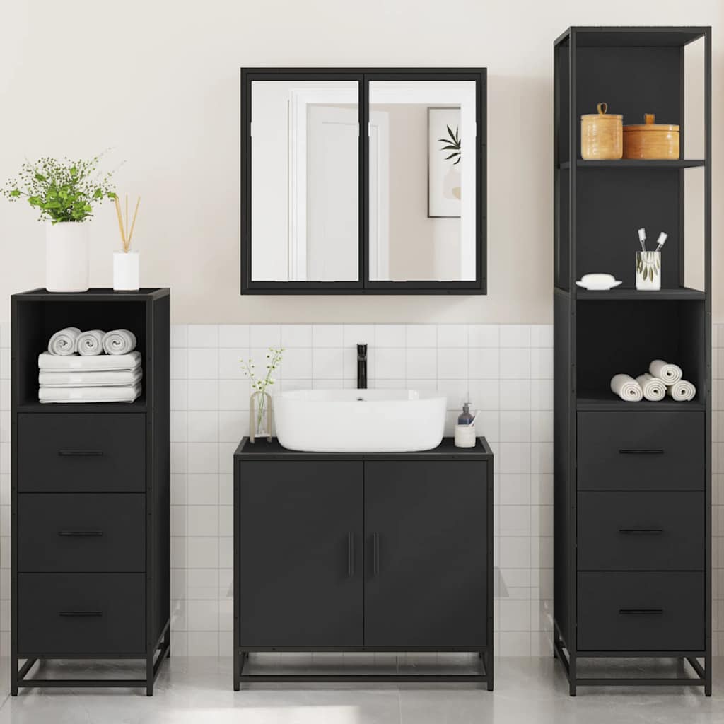 4 Piece Bathroom Furniture Set Black Engineered Wood