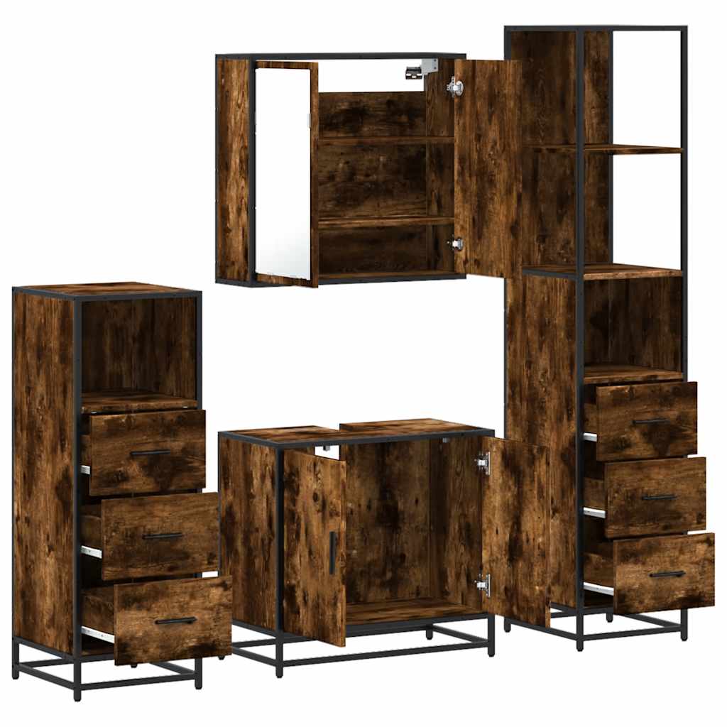 4 Piece Bathroom Furniture Set Smoked Oak Engineered Wood