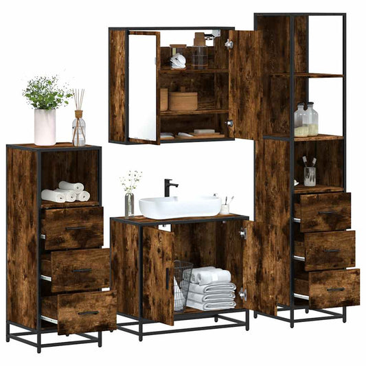 4 Piece Bathroom Furniture Set Smoked Oak Engineered Wood