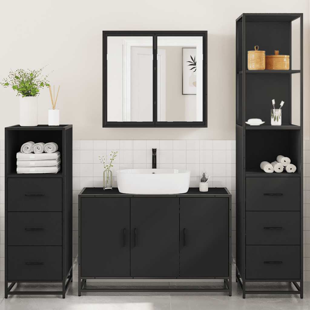 4 Piece Bathroom Furniture Set Black Engineered Wood