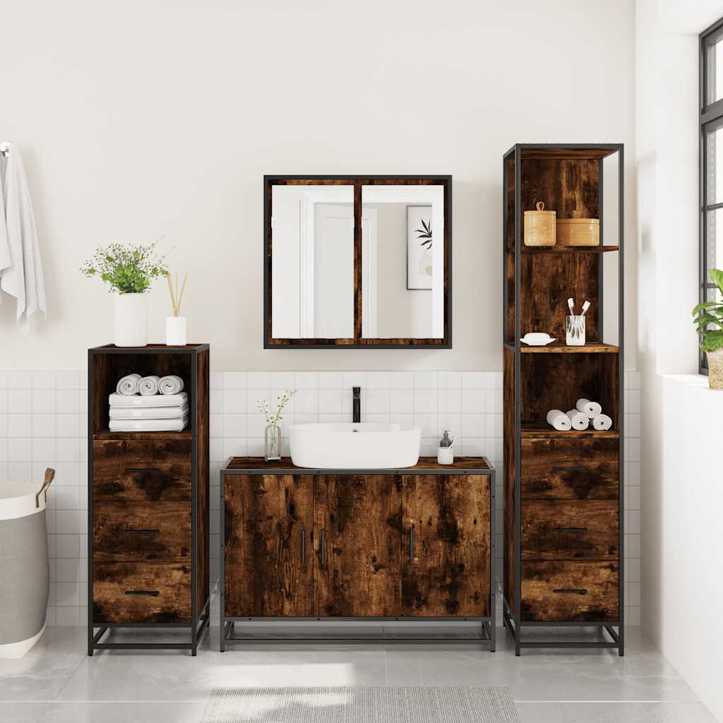 4 Piece Bathroom Furniture Set Smoked Oak Engineered Wood