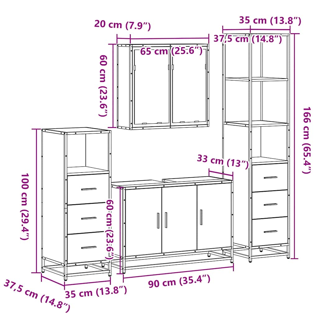 4 Piece Bathroom Furniture Set Smoked Oak Engineered Wood