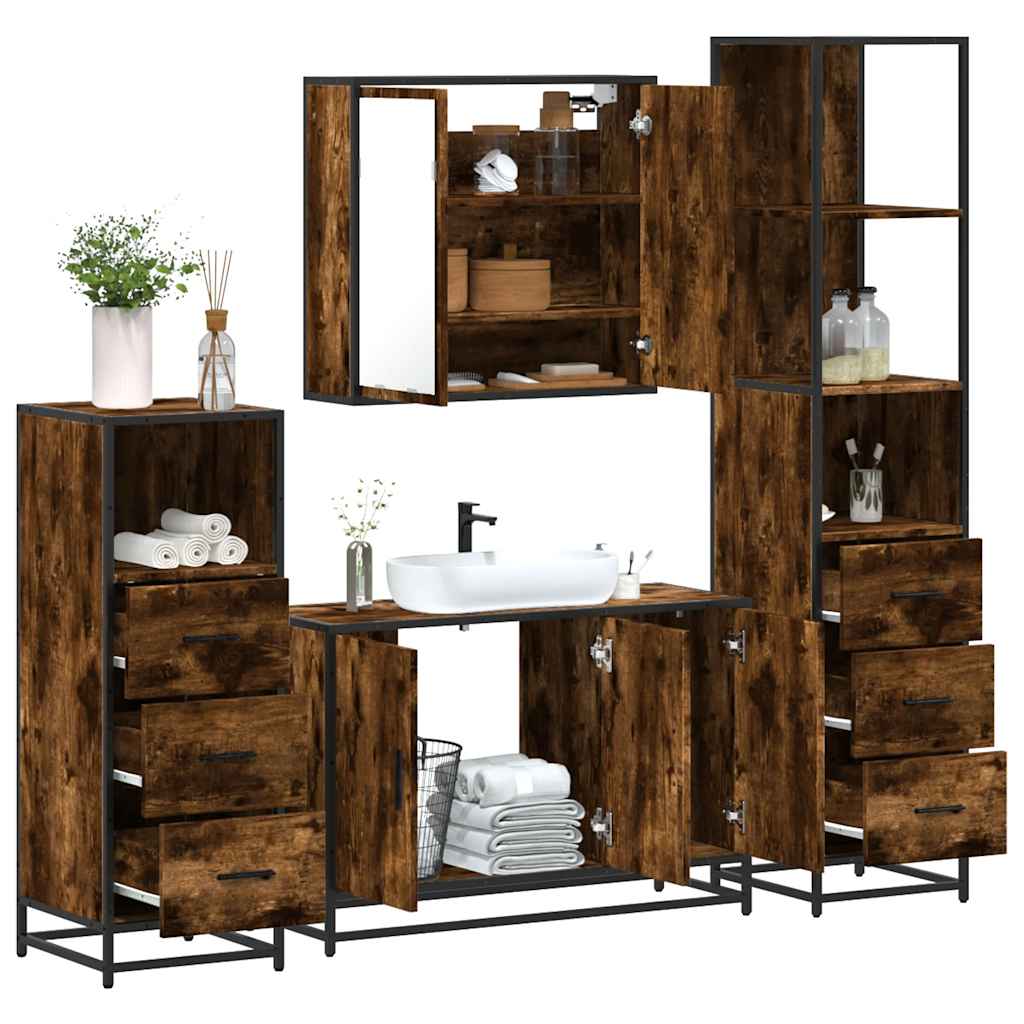 4 Piece Bathroom Furniture Set Smoked Oak Engineered Wood