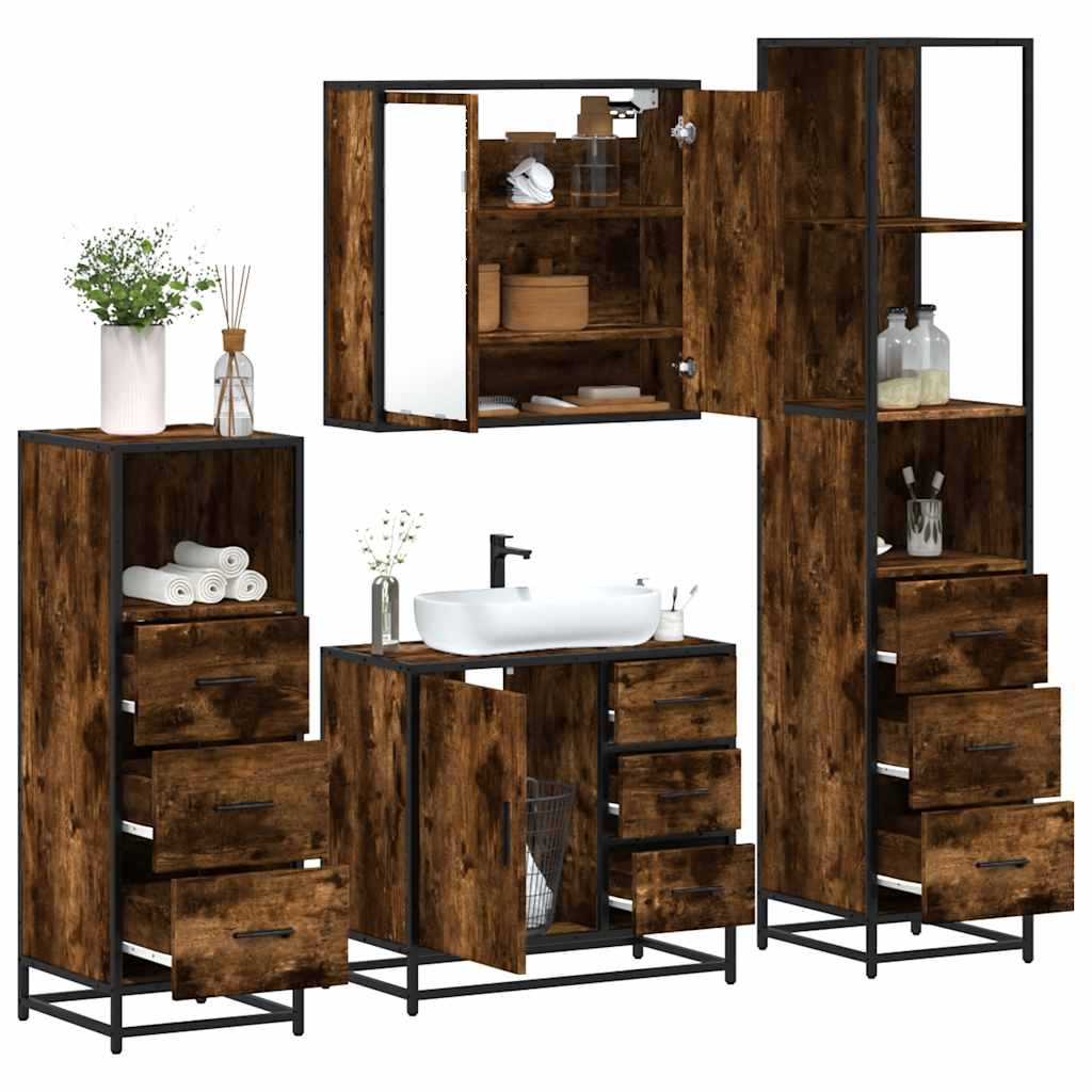 4 Piece Bathroom Furniture Set Smoked Oak Engineered Wood