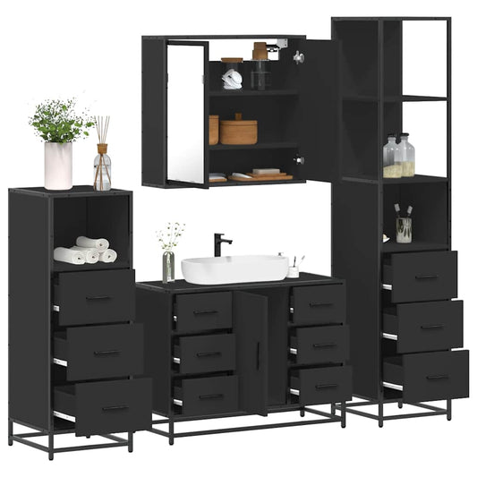 4 Piece Bathroom Furniture Set Black Engineered Wood