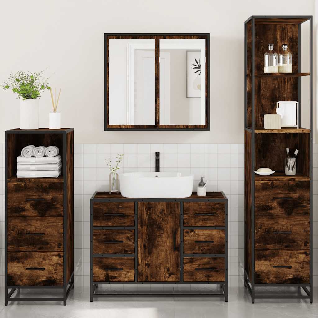 4 Piece Bathroom Furniture Set Smoked Oak Engineered Wood