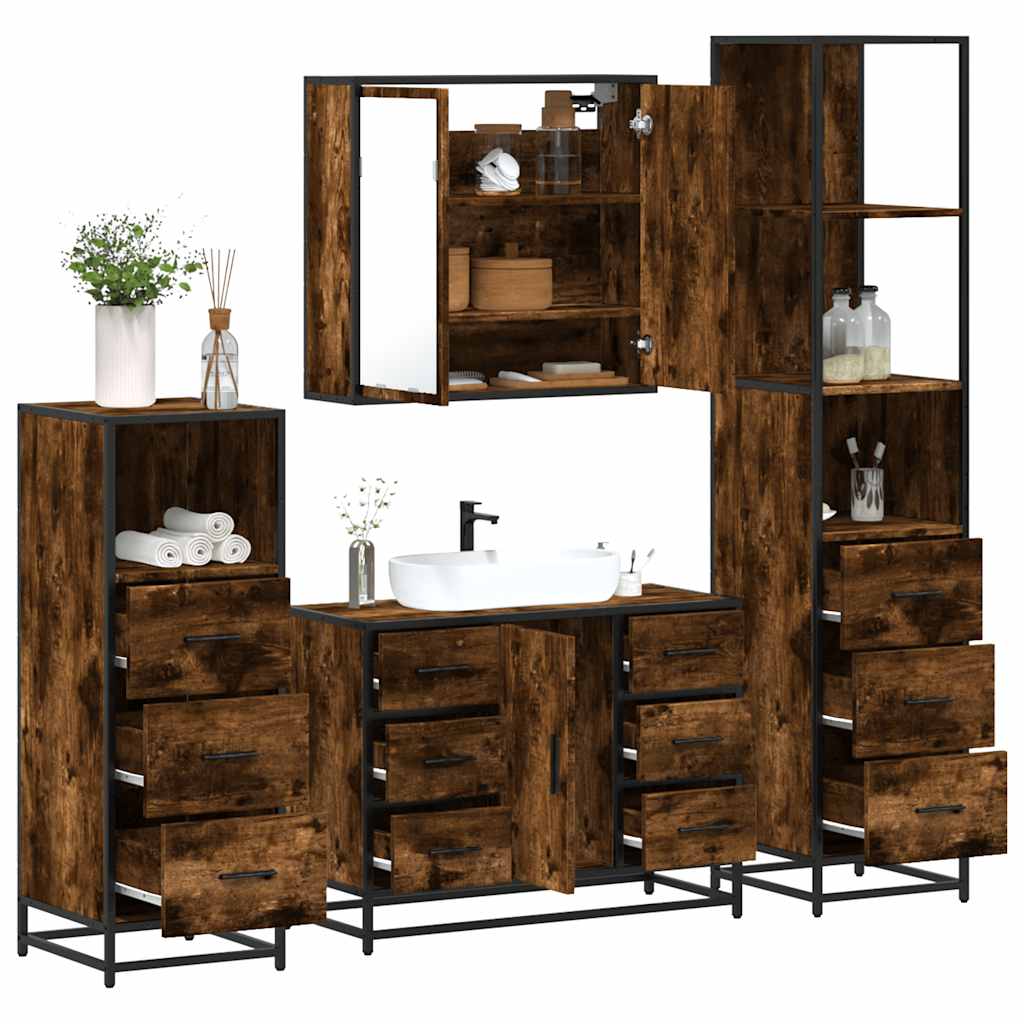 4 Piece Bathroom Furniture Set Smoked Oak Engineered Wood