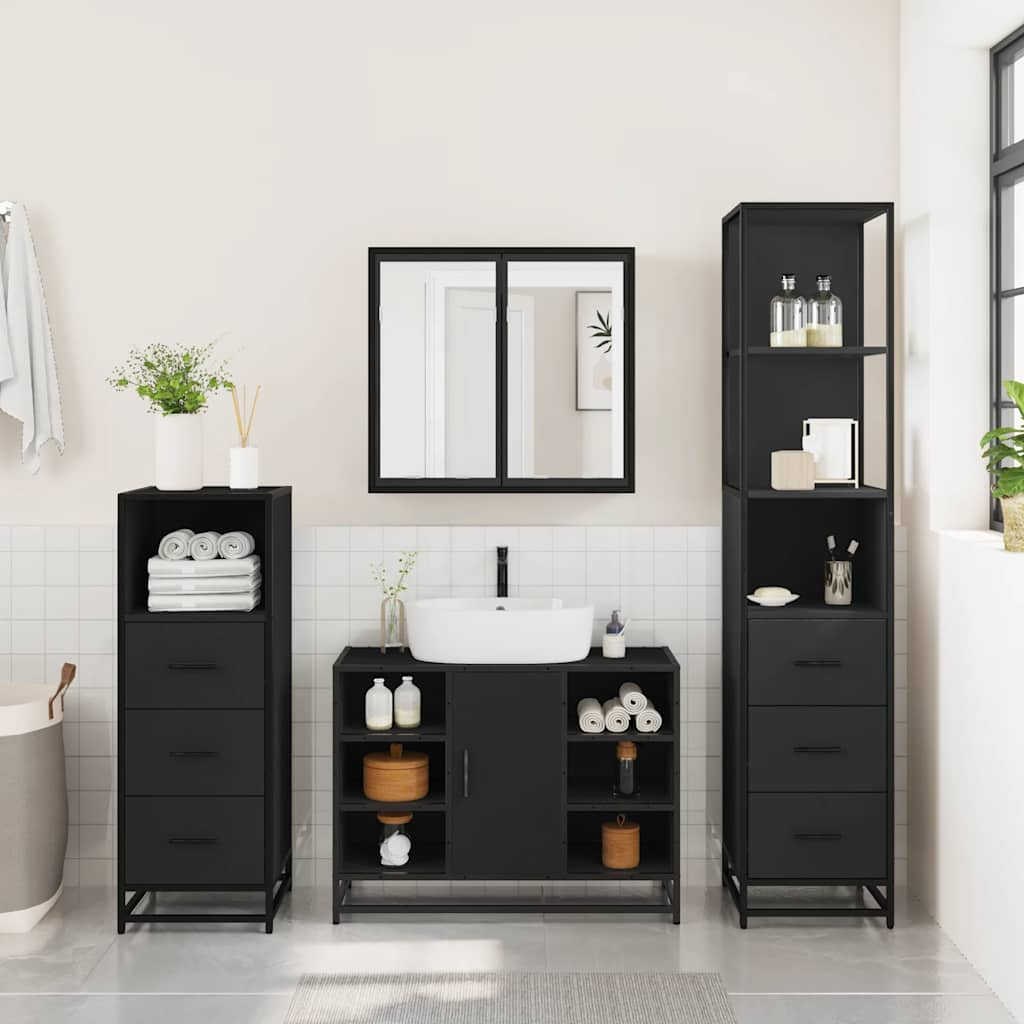 4 Piece Bathroom Furniture Set Black Engineered Wood