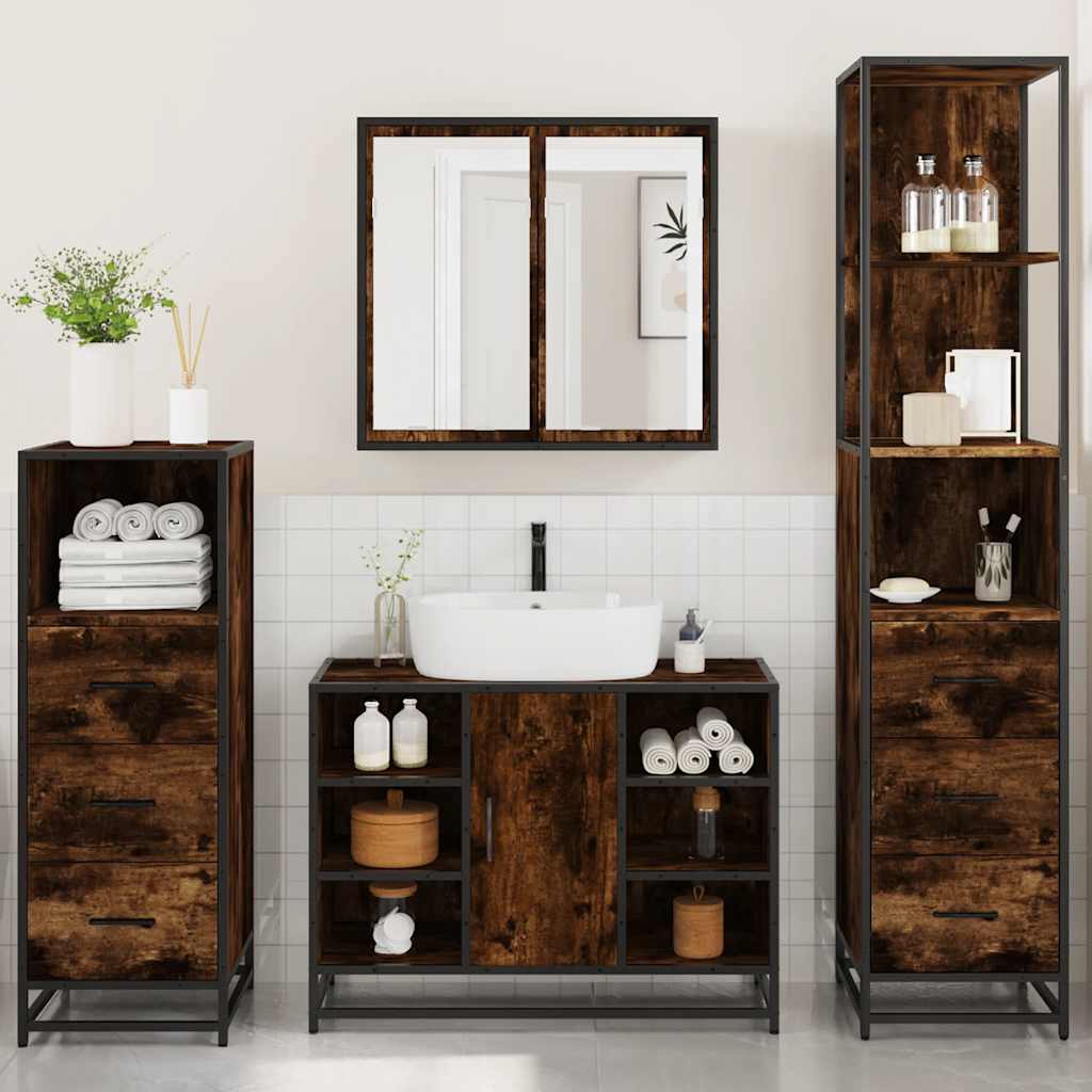 4 Piece Bathroom Furniture Set Smoked Oak Engineered Wood