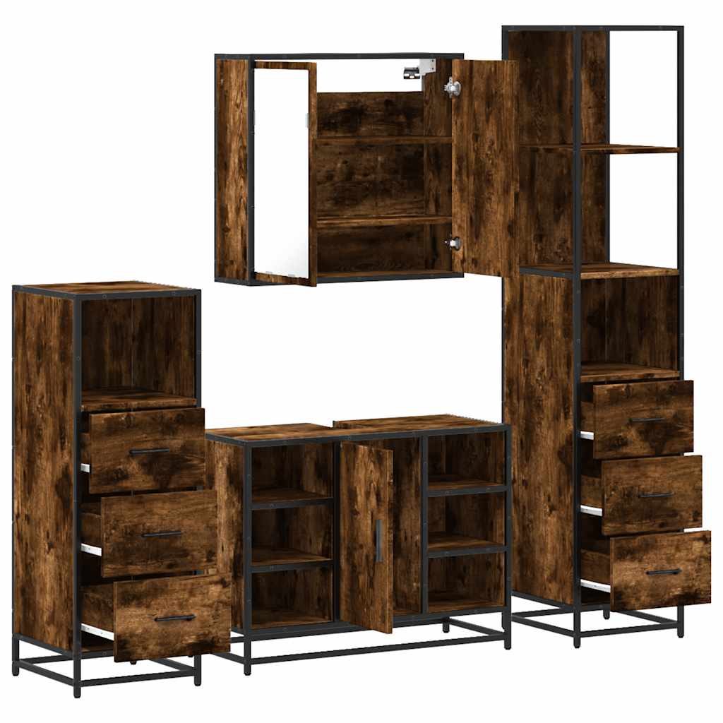 4 Piece Bathroom Furniture Set Smoked Oak Engineered Wood