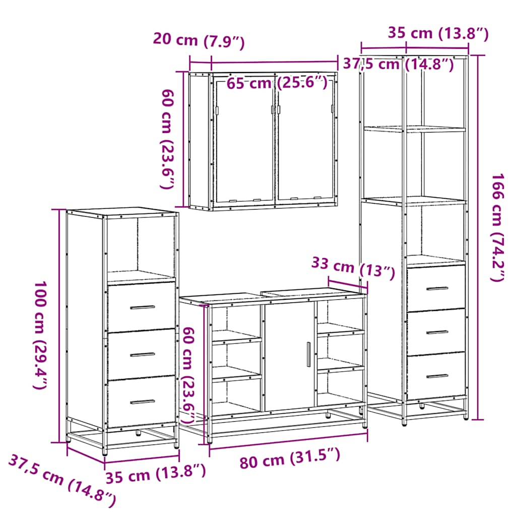 4 Piece Bathroom Furniture Set Smoked Oak Engineered Wood