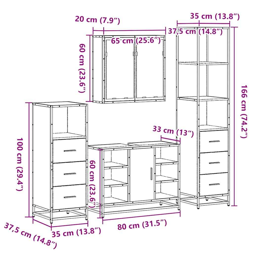 4 Piece Bathroom Furniture Set Grey Sonoma Engineered Wood