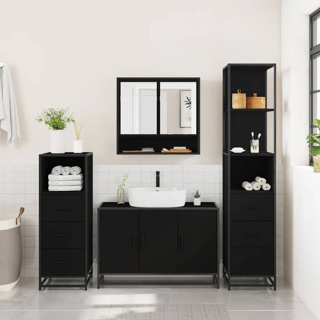 4 Piece Bathroom Furniture Set Black Engineered Wood