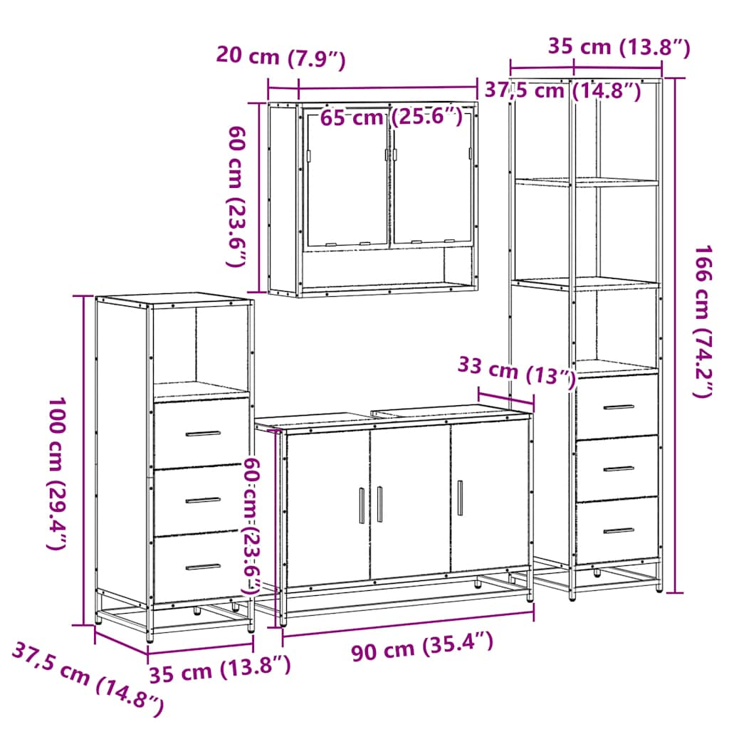 4 Piece Bathroom Furniture Set Brown Oak Engineered Wood