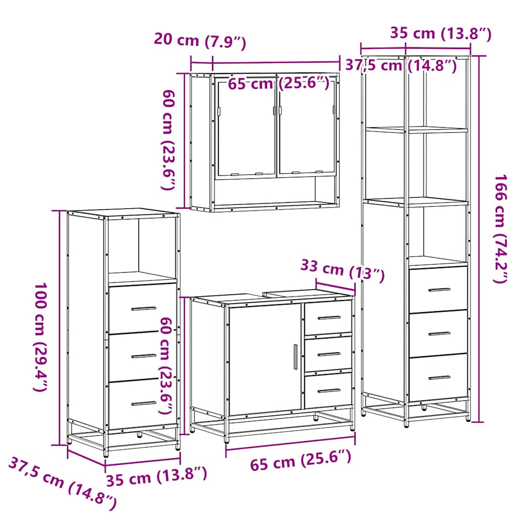 4 Piece Bathroom Furniture Set Smoked Oak Engineered Wood