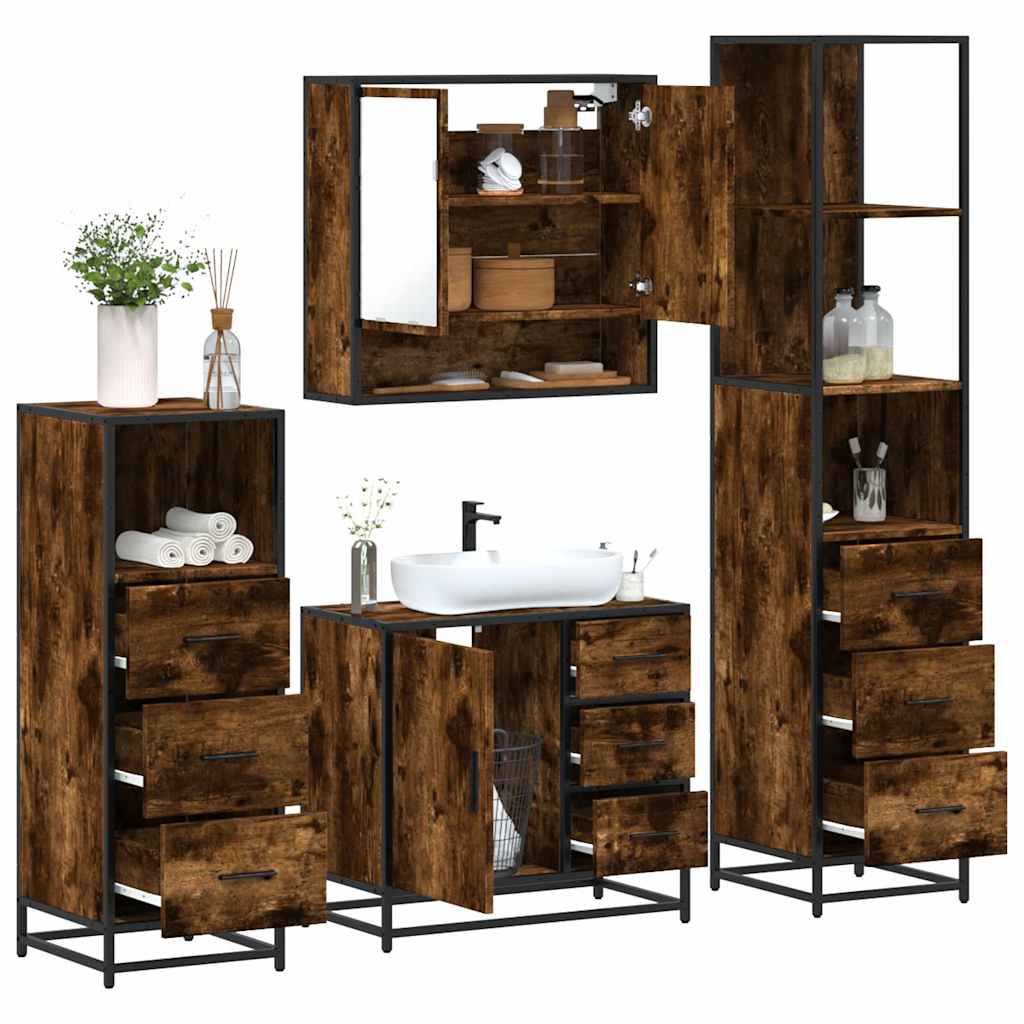 4 Piece Bathroom Furniture Set Smoked Oak Engineered Wood