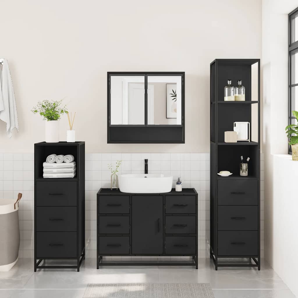 4 Piece Bathroom Furniture Set Black Engineered Wood