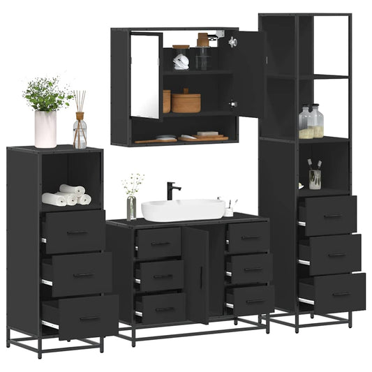 4 Piece Bathroom Furniture Set Black Engineered Wood