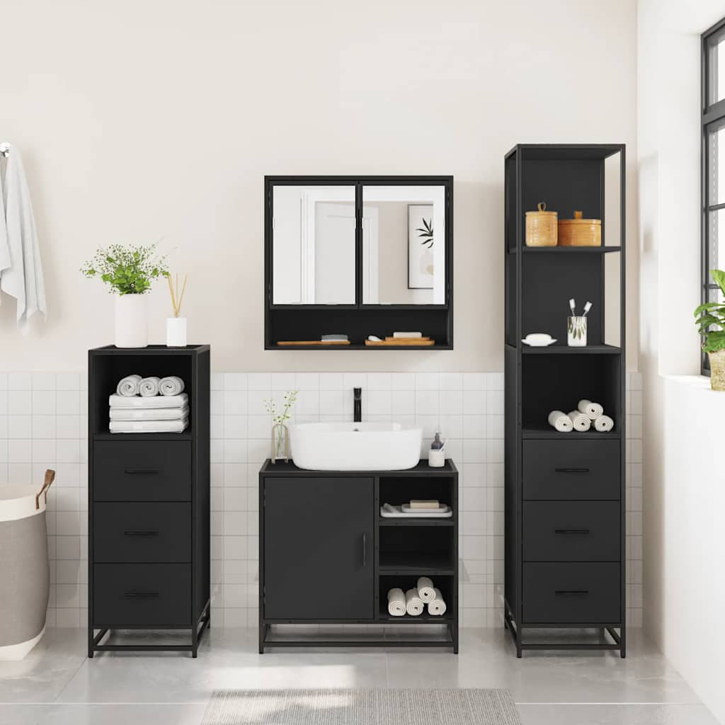 4 Piece Bathroom Furniture Set Black Engineered Wood