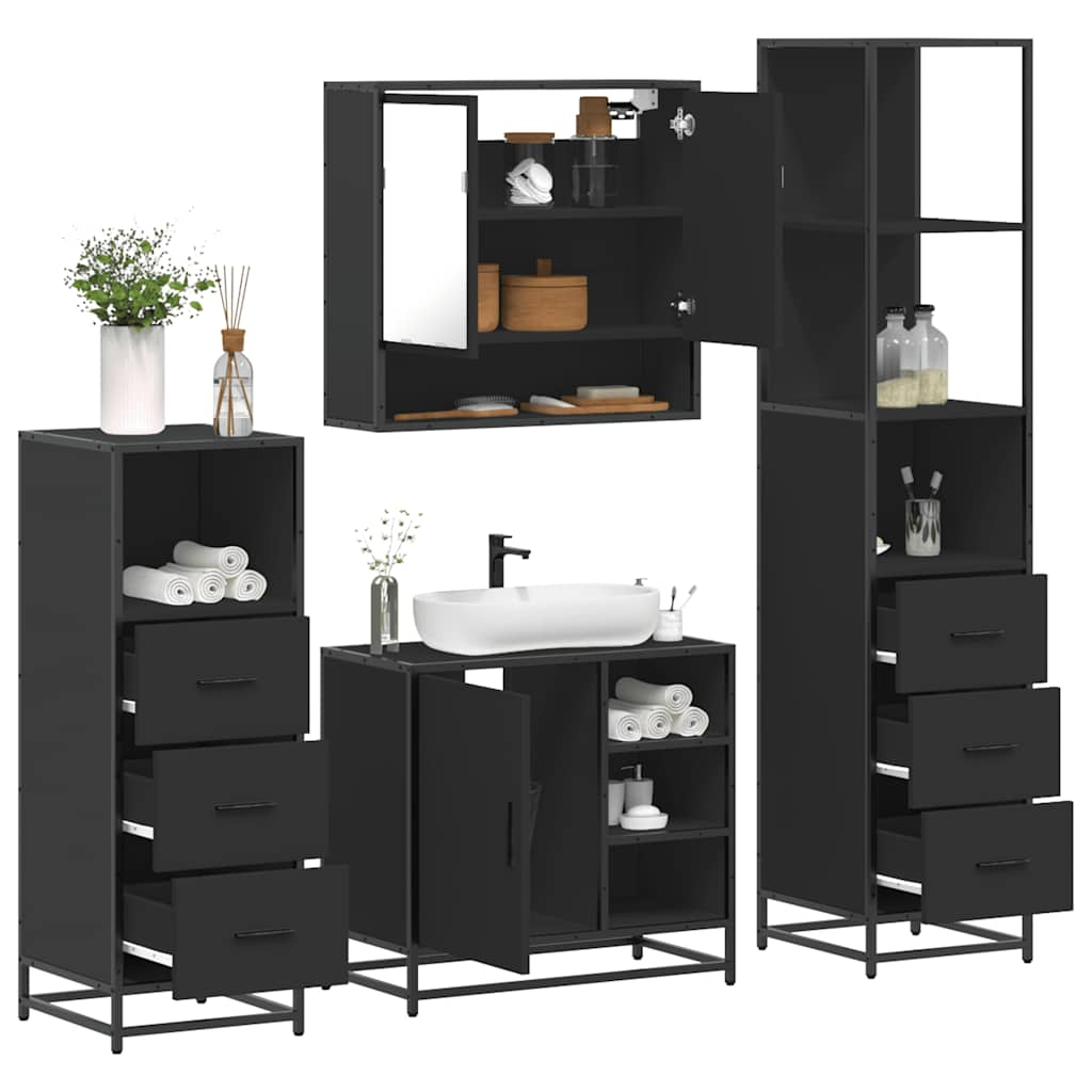 4 Piece Bathroom Furniture Set Black Engineered Wood