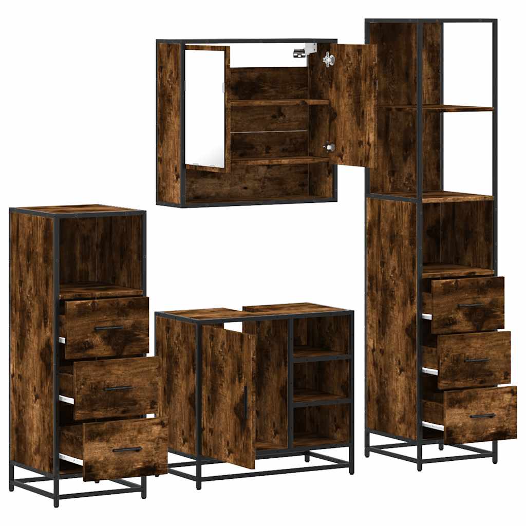 4 Piece Bathroom Furniture Set Smoked Oak Engineered Wood