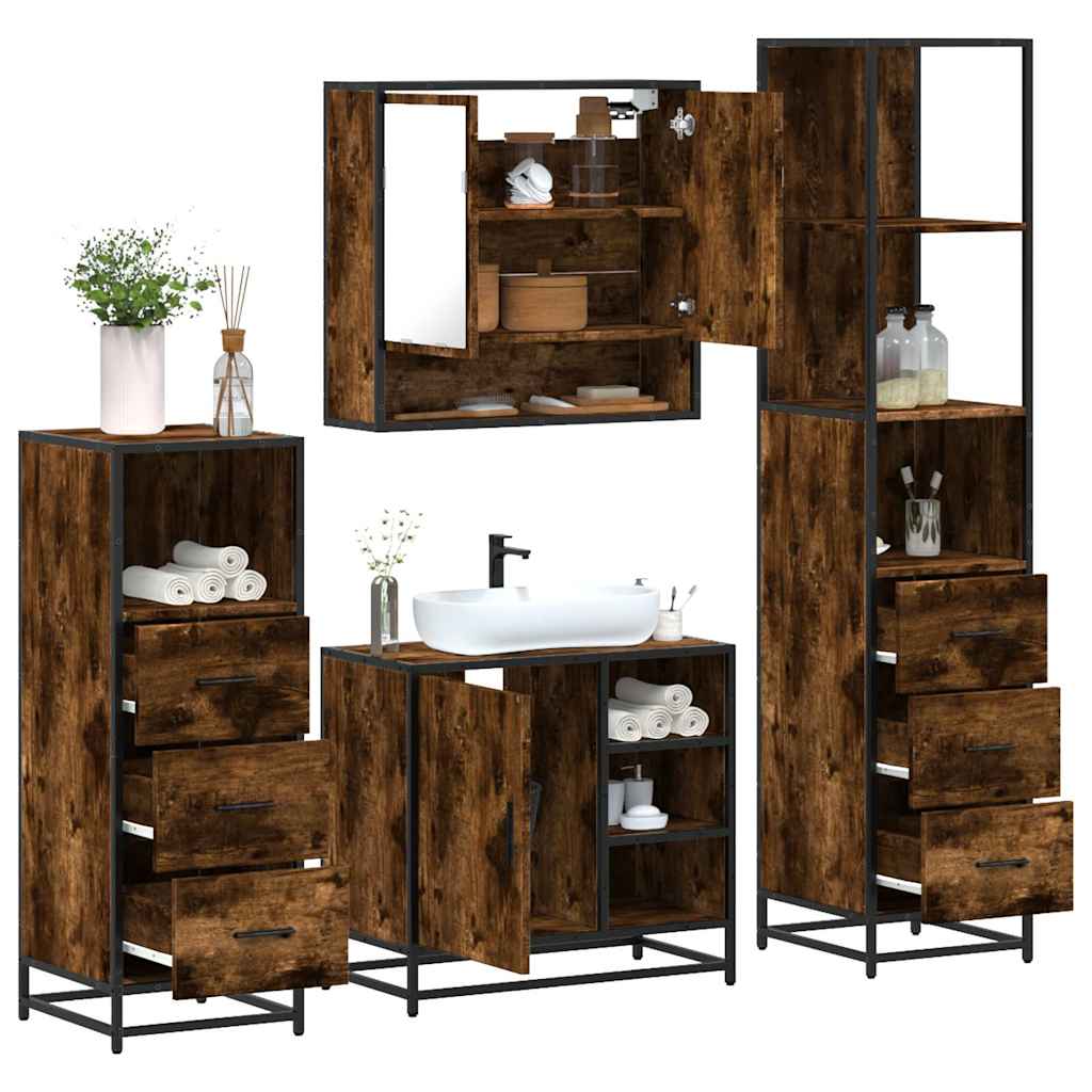 4 Piece Bathroom Furniture Set Smoked Oak Engineered Wood