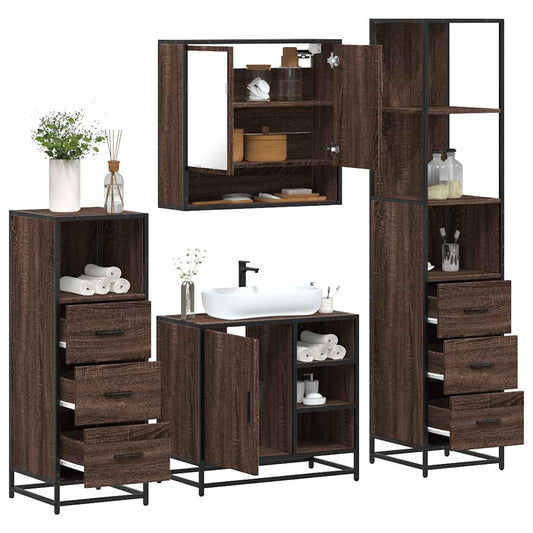 4 Piece Bathroom Furniture Set Brown Oak Engineered Wood