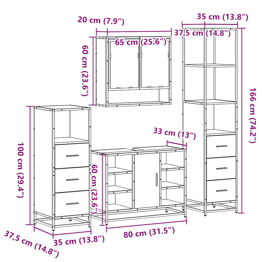 4 Piece Bathroom Furniture Set Grey Sonoma Engineered Wood