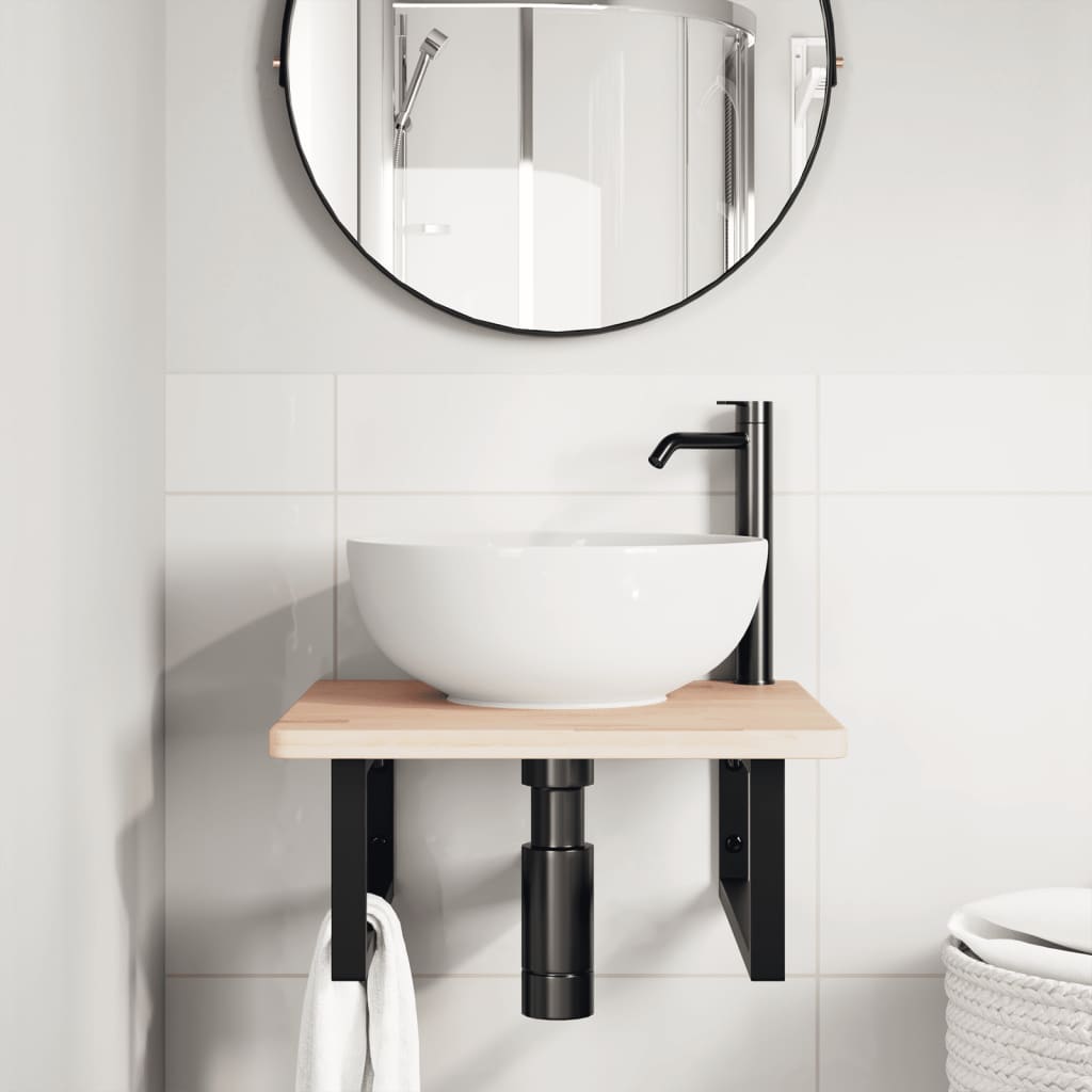 Wall-Mounted Basin Shelf with Oak Wood Top and Steel Bracket - Bend