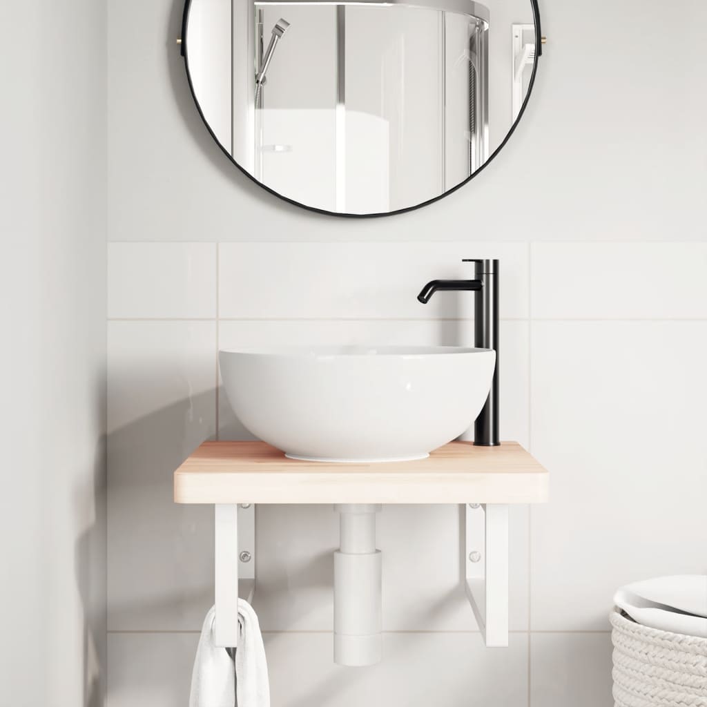 Wall-Mounted Basin Shelf with Beech Wood Top and Steel Supports - Bend