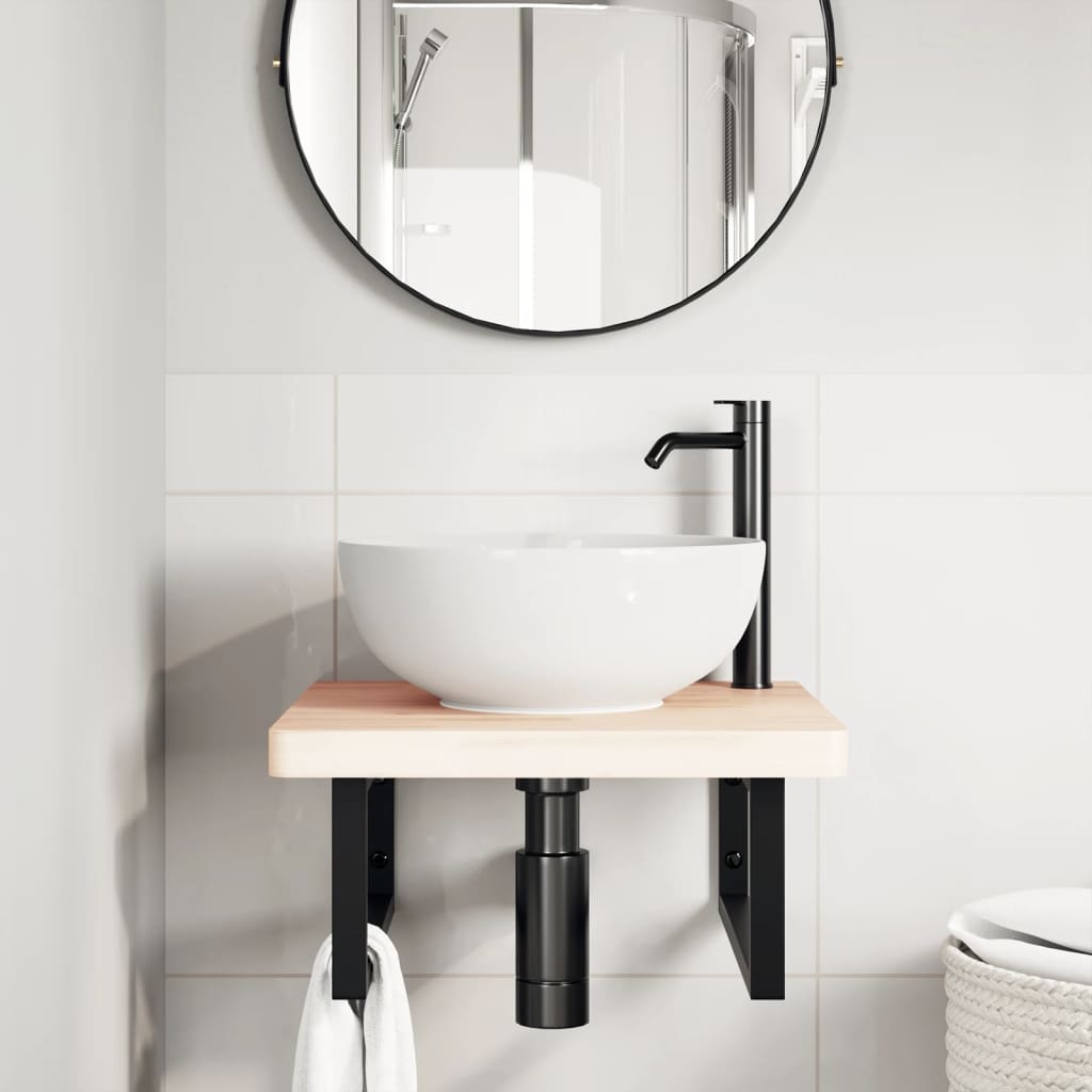 Wall-Mounted Basin Shelf with Steel Frame and Beech Wood Top - Bend