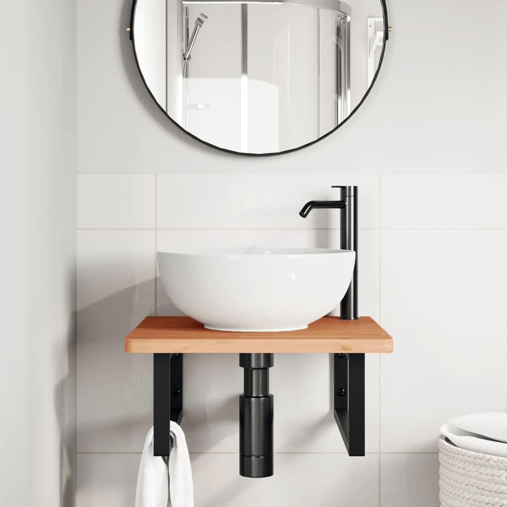 Wall-Mounted Basin Shelf with Steel Frame and Beech Wood Top - Bend