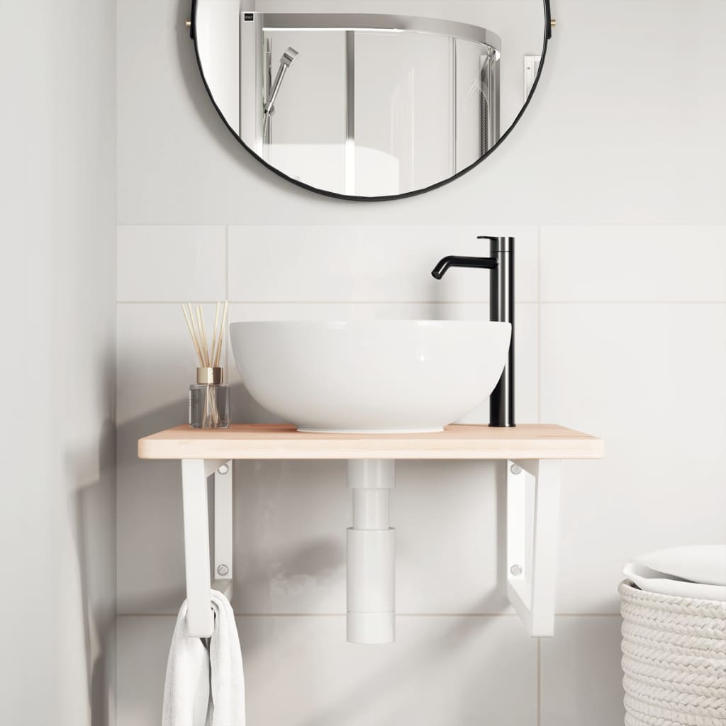 Wall-Mounted Basin Shelf with Solid Oak Top and Steel Brackets - Bend