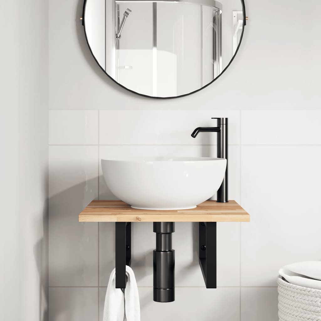 Wall-Mounted Acacia Wood and Steel Basin Shelf with Square Legs - Bend