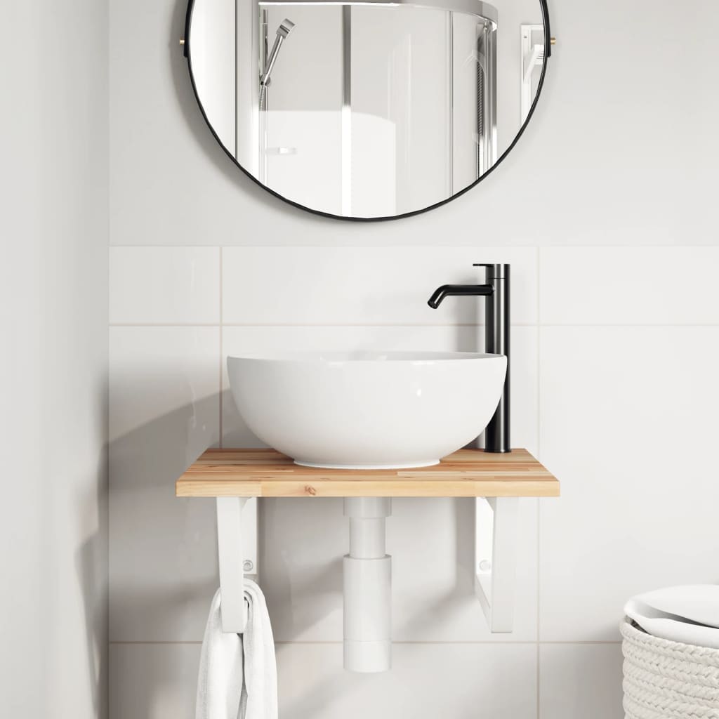 Wall-Mounted Basin Shelf with Acacia Wood Top and Steel Brackets - Bend