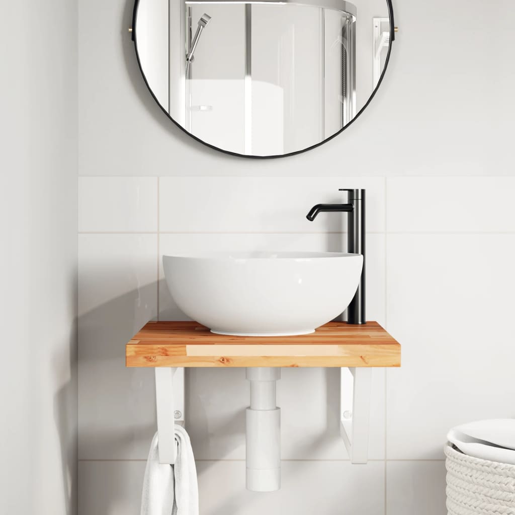 Wall-Mounted Basin Shelf with Acacia Wood Top and Steel Brackets - Bend