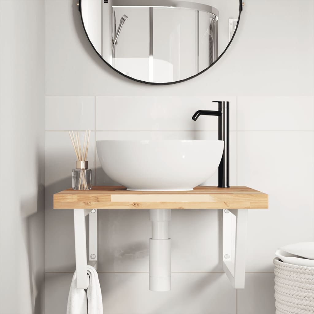 Wall-Mounted Basin Shelf with Acacia Wood Top and Steel Brackets - Bend