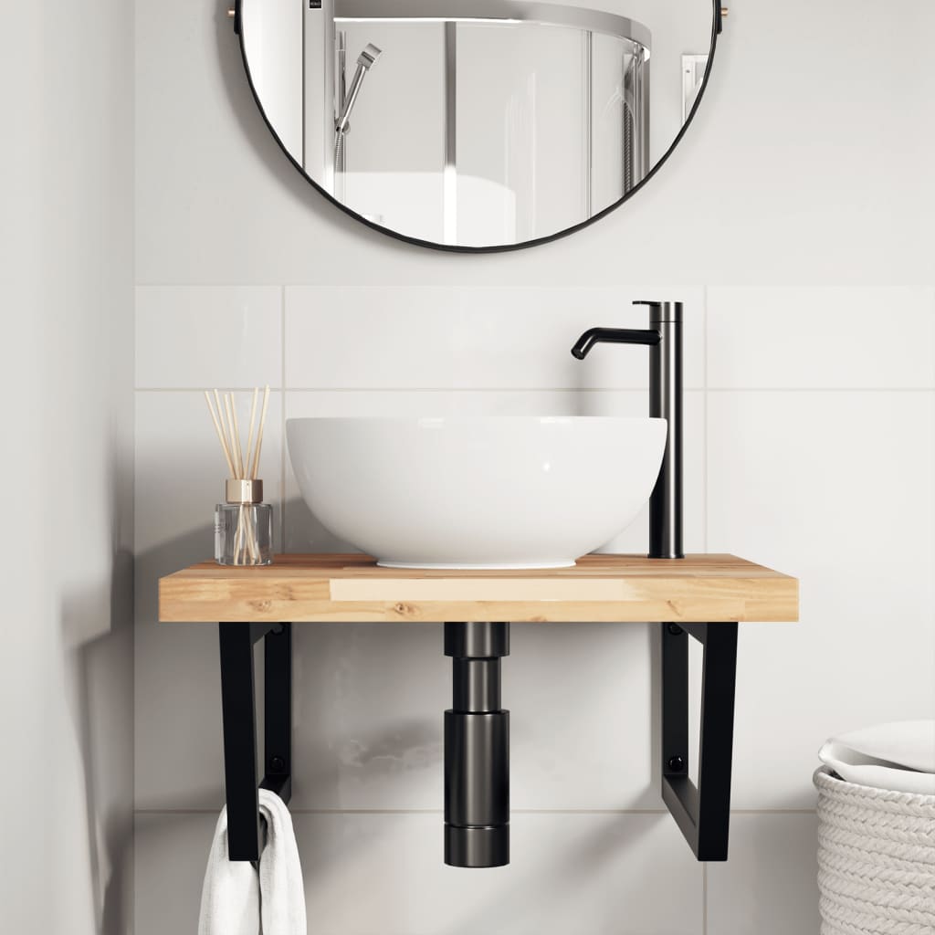 Wall-Mounted Basin Shelf with Acacia Wood Top and Steel Brackets - Bend